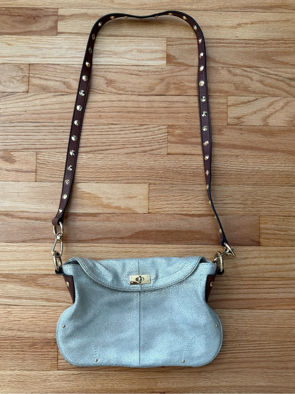 J Crew Y2K Metallic Silver Leather Crossbody Shoulder Bag with Studded Strap